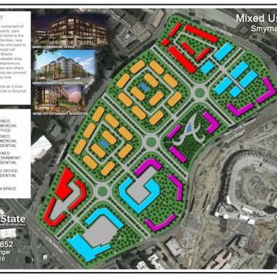 A student's final design concept for mixed-use development near a new baseball stadium for the Atlanta Braves. 